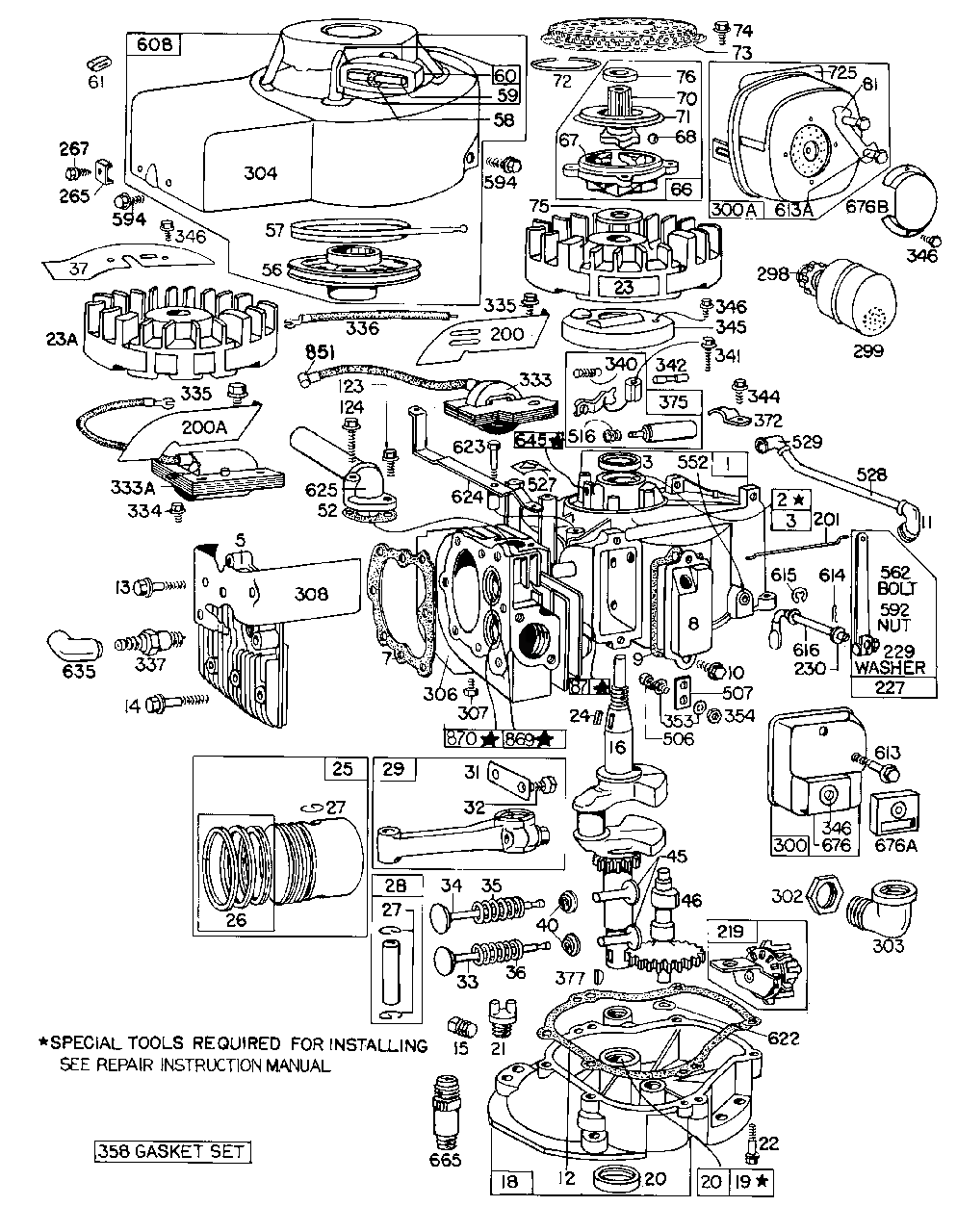 Complete Engine Assembly Diagram and Parts List for 100902-0354-XX  Briggs and Stratton Engine